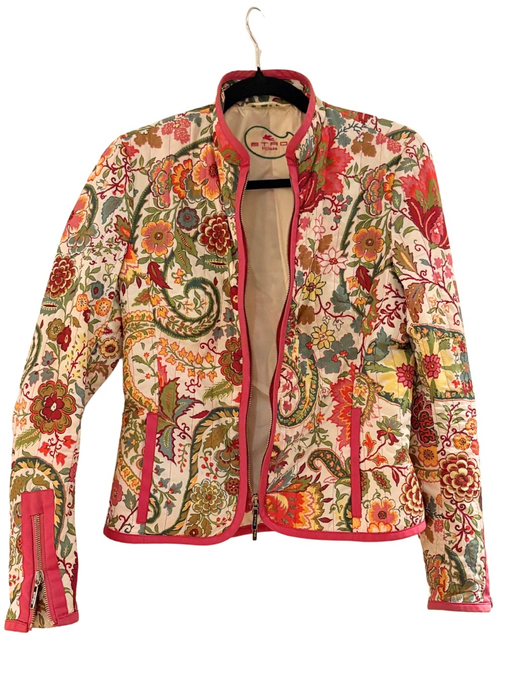 Etro Floral & Paisley Quilted Jacket with Pink Trim, Size 40